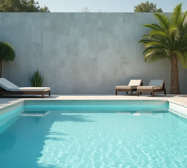 Piscine coque enterrée avec eau cristalline, aménagement minimaliste et espace négatif