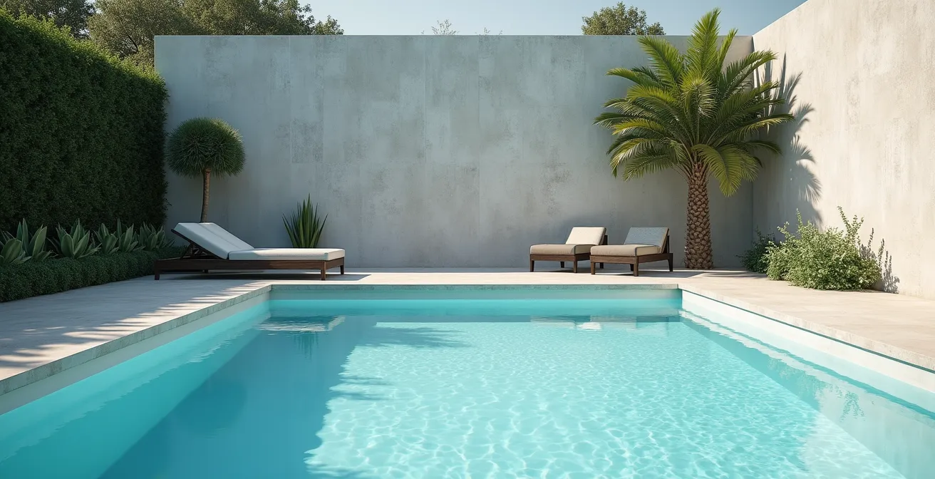Piscine coque enterrée avec eau cristalline, aménagement minimaliste et espace négatif