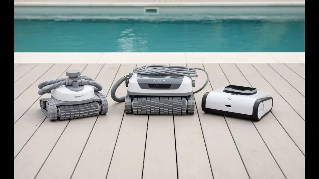 Trois robots de piscine différents posés sur terrasse près du bassin