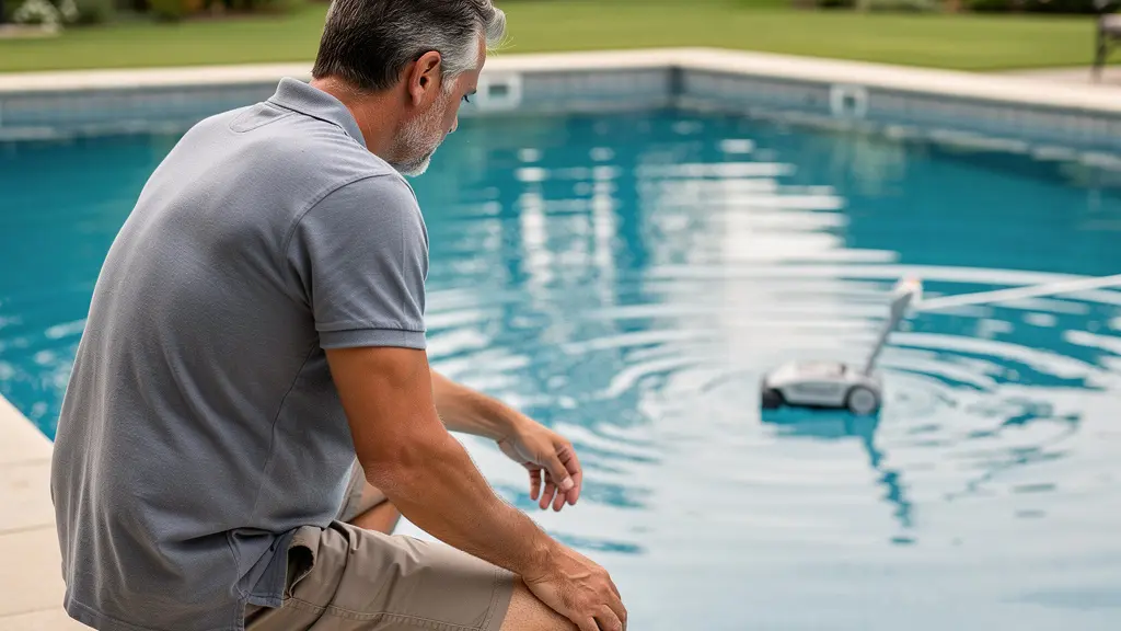 Propriétaire accroupi au bord de sa piscine observant son robot en action