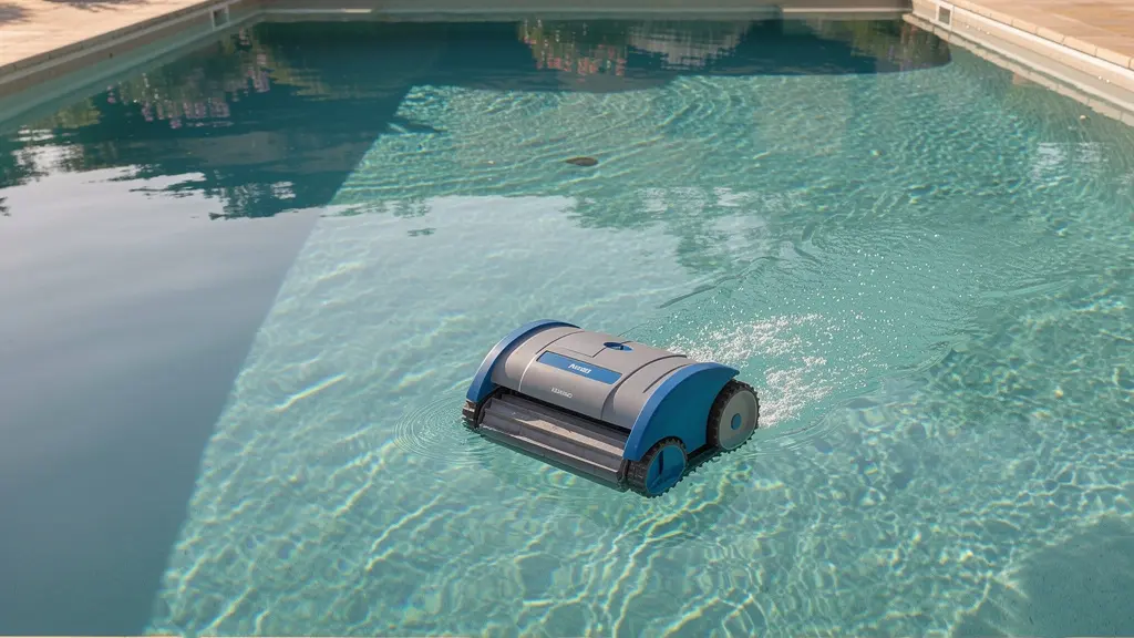 Robot électrique nettoyant le fond d'une piscine enterrée turquoise