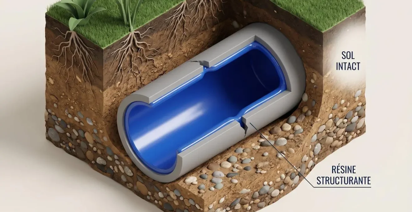 Illustration 3D en coupe d'une canalisation de piscine avec fissure réparée par l'intérieur grâce à une couche de résine bleue, environnement souterrain intact autour montrant l'absence d'excavation