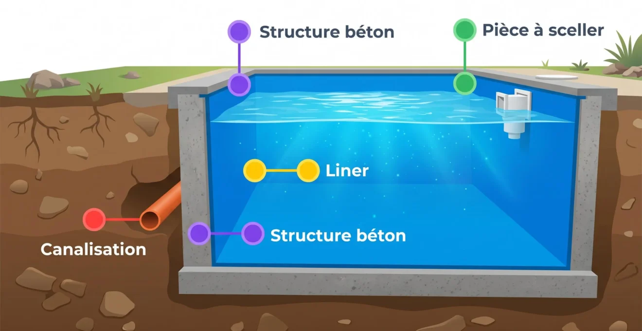 Illustration schématique 3D d'une piscine en coupe montrant les quatre zones de fuite possibles identifiées par des marqueurs colorés : canalisation, liner, structure béton et pièce à sceller, avec légendes en français