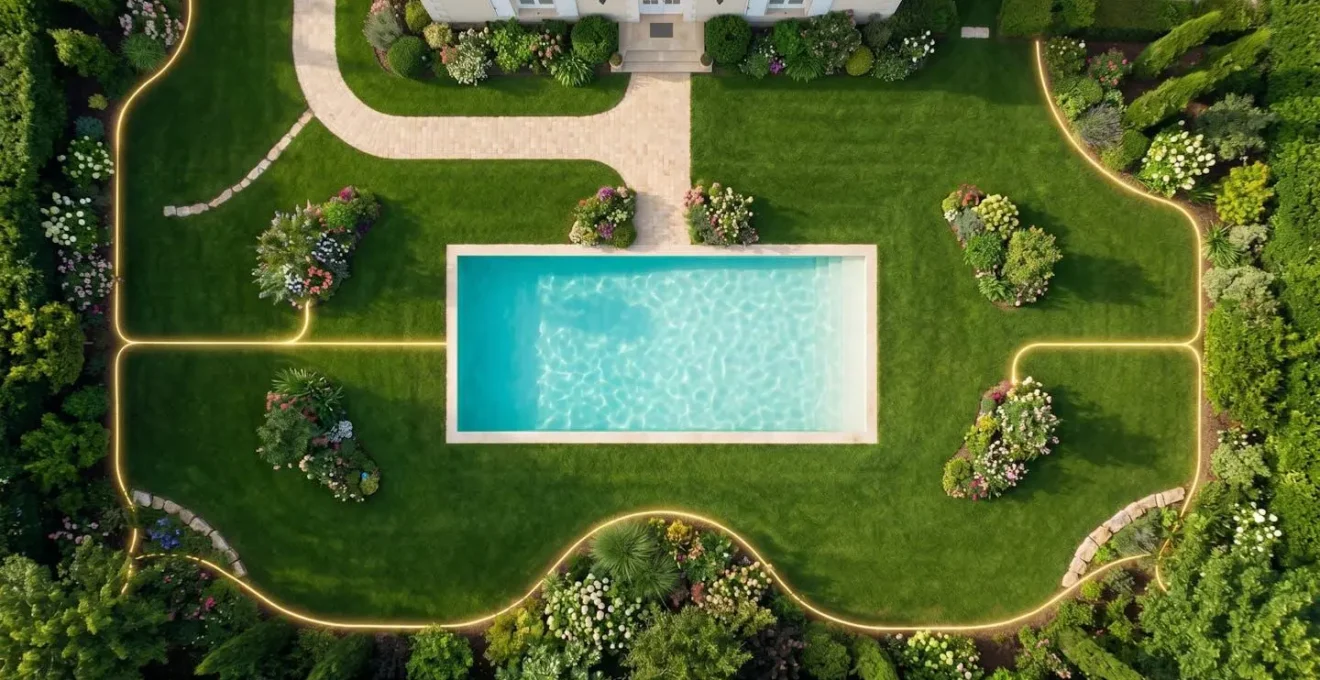 Vue aérienne d'un jardin paysager avec piscine turquoise entourée de pelouse verte, massifs floraux et allée pavée, avec un tracé de lumière dorée révélant le réseau de canalisations sous la surface sans excavation