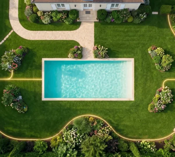 Vue aérienne d'un jardin paysager avec piscine turquoise entourée de pelouse verte, massifs floraux et allée pavée, avec un tracé de lumière dorée révélant le réseau de canalisations sous la surface sans excavation