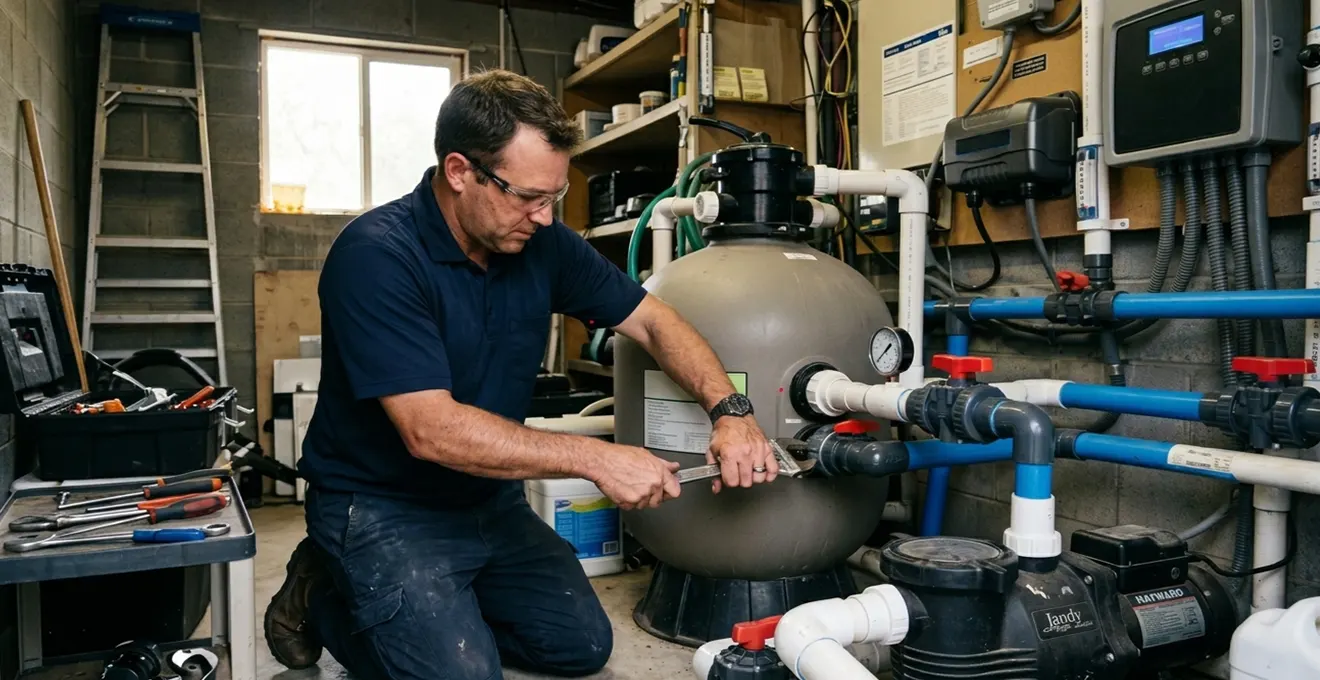 Un professionnel pisciniste analysant les caractéristiques du sol et du terrain dans un jardin résidentiel avant la construction d'une piscine