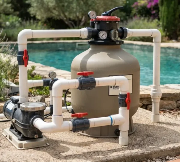 Un pisciniste professionnel en train d'installer un système de filtration technique sur un chantier de construction de piscine résidentielle