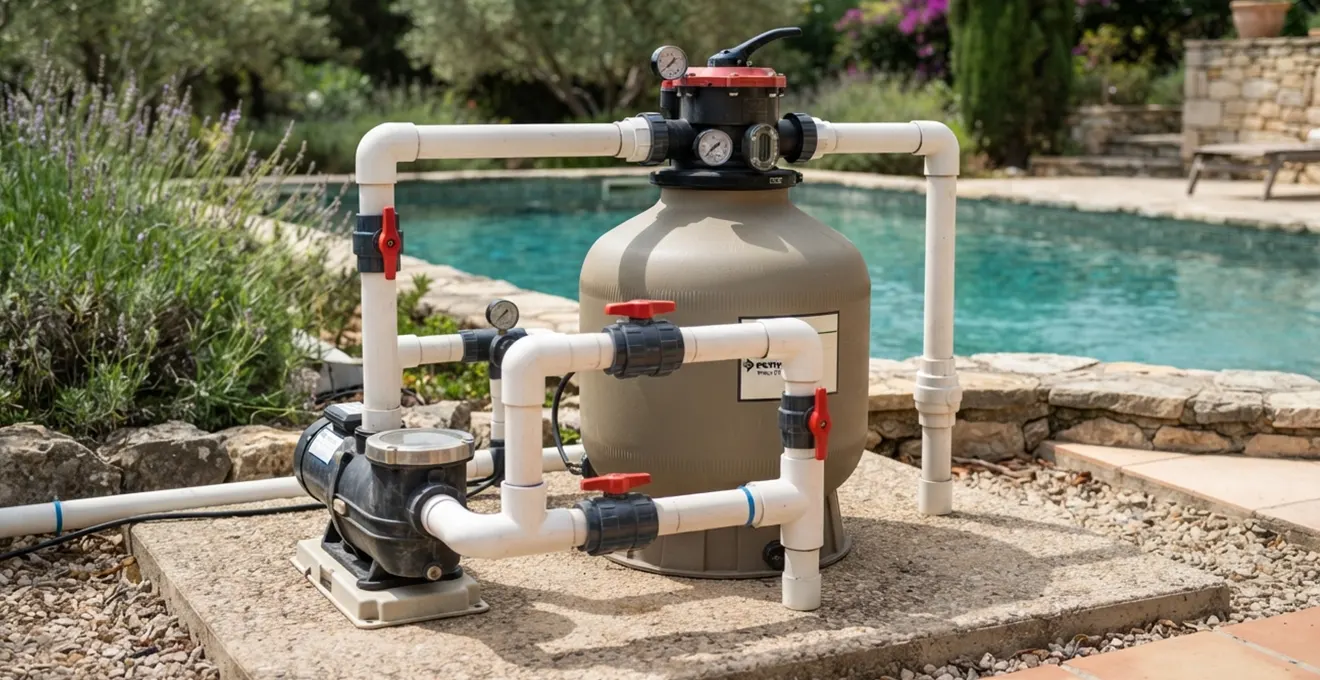 Un pisciniste professionnel en train d'installer un système de filtration technique sur un chantier de construction de piscine résidentielle